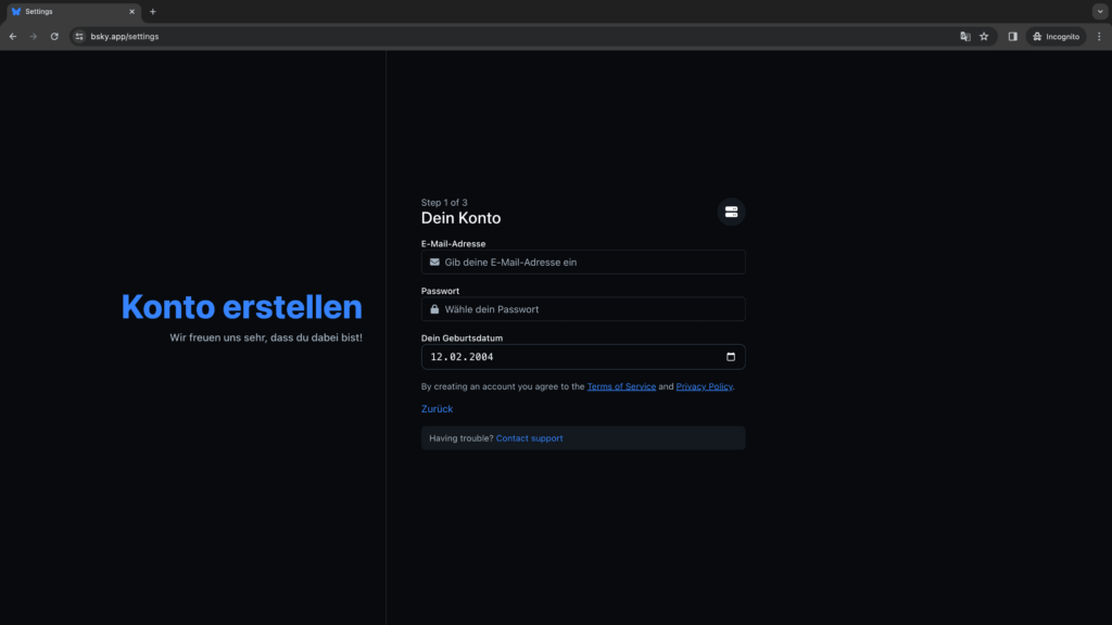 Bluesky-Registrierung-1 Bluesky Registrierung Schritt 1: Email, Passwort und Geburtsdatum