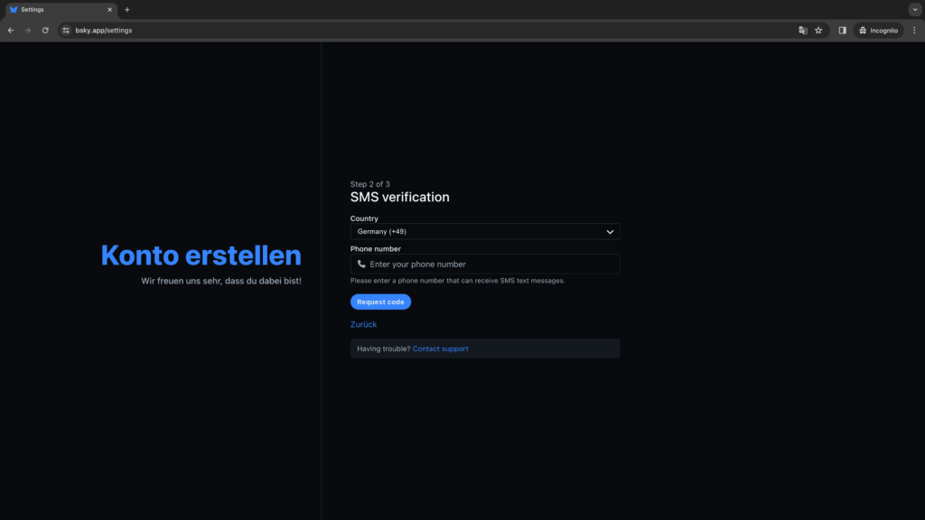 Bluesky-Registrierung-2 Bluesky Registrierung Schritt 2: SMS-Verifikation