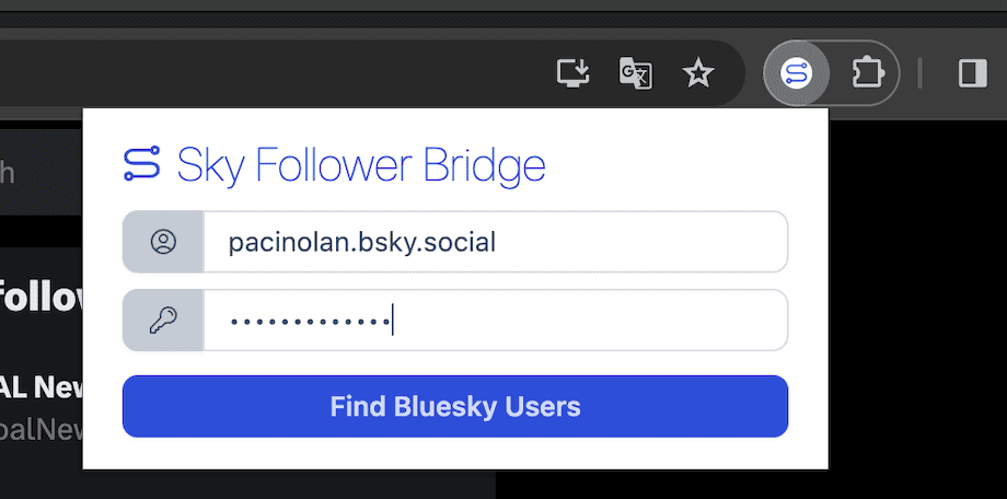 skyfollowerbridge-login Bluesky Login Popup bei Benutzung der Google Chrome Erweiterung Sky Follower Bridge